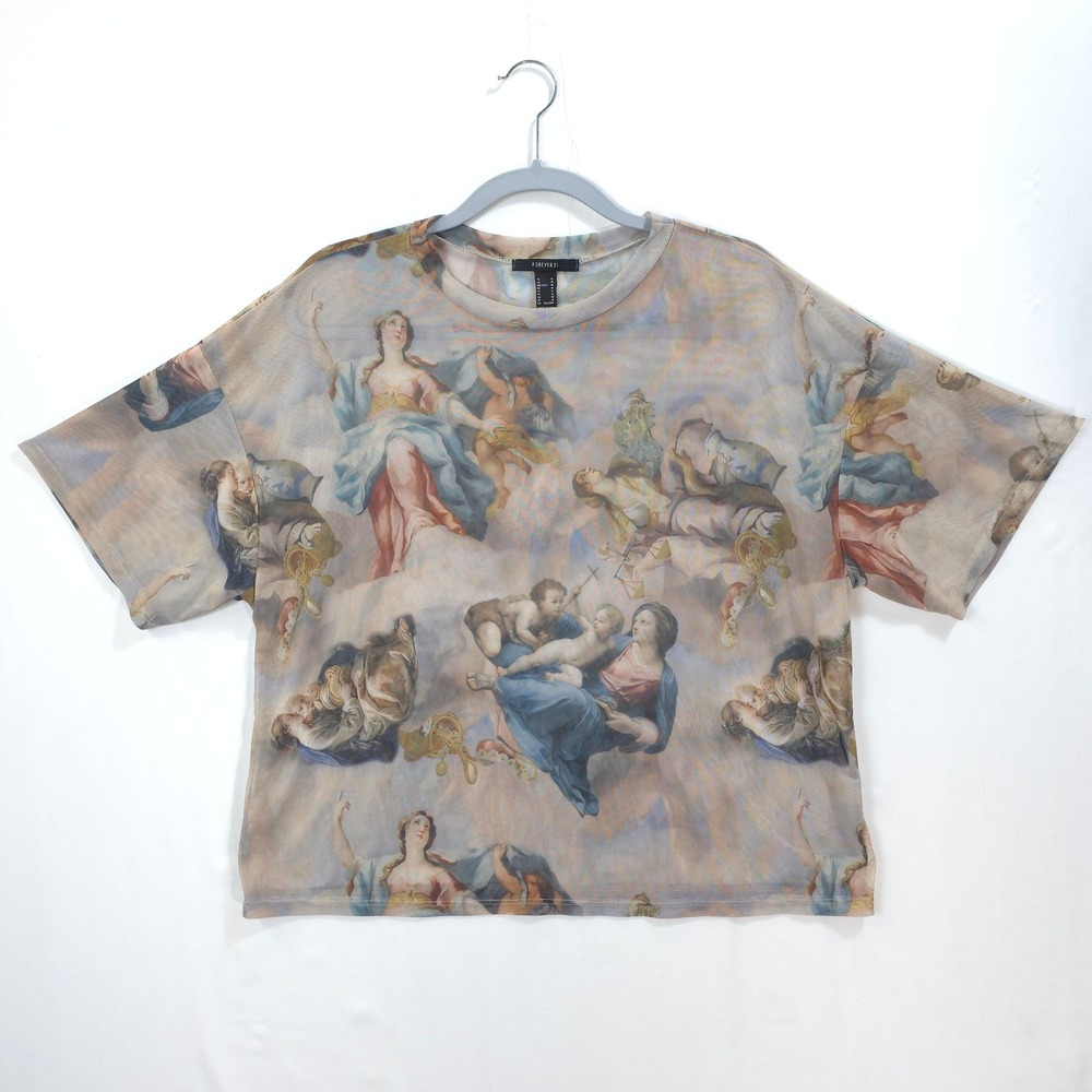 Renaissance Art Print Mesh Top Sheer Short Sleeve M Mural Angelcore Indie Sleaze